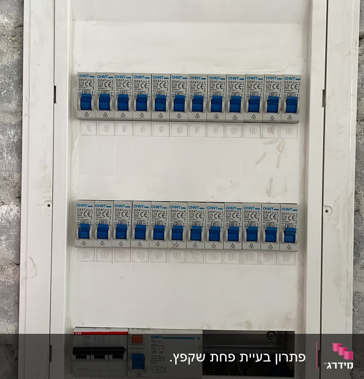לוח חשמל עם מפסקים וכיתוב על רקע קיר בטון